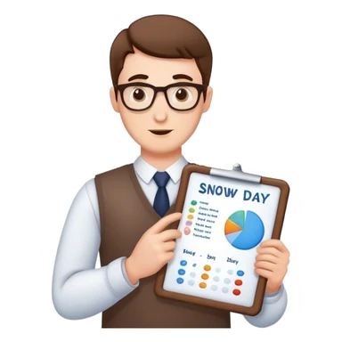 male teacher holding a chart predicting a snow day sticker