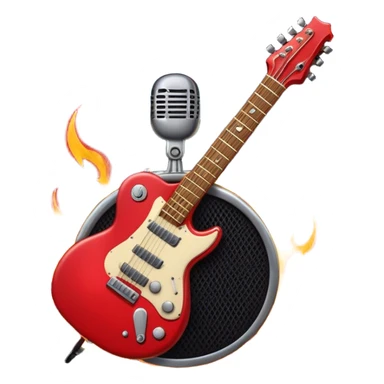 Create a bold and dynamic emoji representing rock vocal performance in a humanless collage. The design should feature a vintage microphone at the center, surrounded by key rock elements like an electric guitar, drumsticks, and a guitar pick. Include symbols of energy, such as lightning bolts or flames, and subtle musical notes or sound waves to evoke the raw power of rock vocals. Use dark, bold colors like black, silver, and red, with hints of chrome or metallic accents to convey the edgy, rebellious spirit of rock music. The background should be transparent. sticker