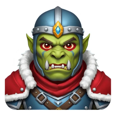 Fantasy Christmas orc legion soldier icon, iron tundra army theme, heavy winter armor, disciplined brutal look, dark icy steel armor with bold crimson cloth and markings, cold blue shadows, high contrast, clean emoji portrait style
 sticker