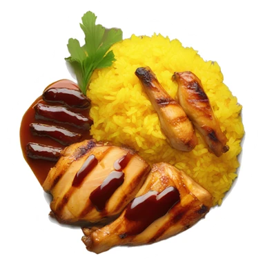 A plate of yellow rice with grilled chicken and bbq sauce on top sticker