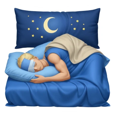 A young muscular male with short dark-blonde hair and medium-light skin, wearing blue cloth. He sleeps on his side, holding a soft white pillow, his head on a smooth blue pillow. A sleeping symbol floats above him in the dark, nighttime scene. A flowing blue blanket with silky folds covers him. sticker