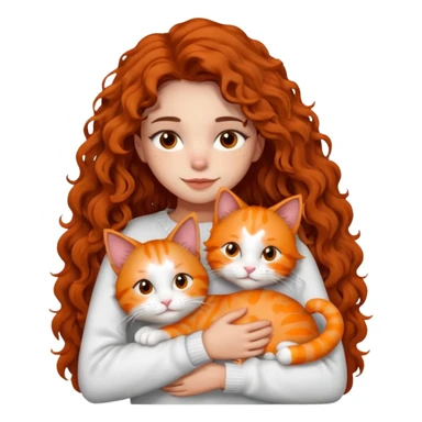 a girl with long dark brown curly hair, wearing a white sweater, hugging an orange cat, a grey Maine Coon, and a white cat with spots, emoji style sticker