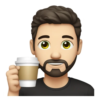 Handsome man with dark hair, holding an cup of coffee, gradient short hair on the side, green eyes. Thin face. Black t-shirt. A little beard. sticker