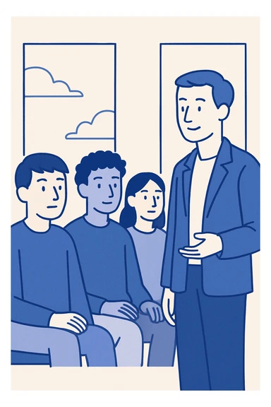 four young students focused listening to a professor, flat design style, classroom background with windows sticker