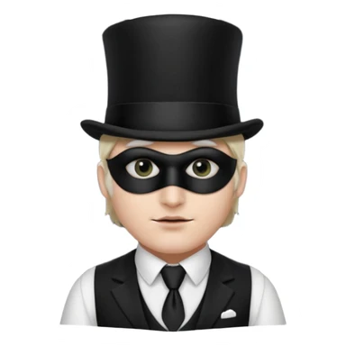 A man with white skin, a black half mask with an eye hole, a black top hat, a black vest with a black tie tucked underneath, and a white collared shirt sticker