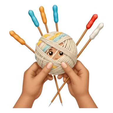 hands holding 2 knitting needles (1 on the right hand and another one on the left hand) with a ball of knitting thread (without a person's face) sticker