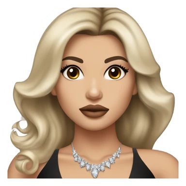 Brunette woman pale tan skin tone. Blowdried layered bouncy. Diamond earrings and necklace big lips. Kim k and kylie look alike. Black elegant dress sticker