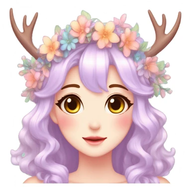 Gorgeous Shiny Colorful Pastel Anime Style Mature Lady with blushing face and pretty hair with a flower crown and antlers pastelcore kawaii cottagecore fairycore aesthetic trending style sticker