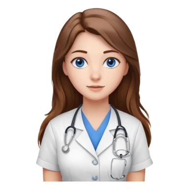 inside a classroom at university, a pretty female nursing student with long brown hair, blue eyes sticker