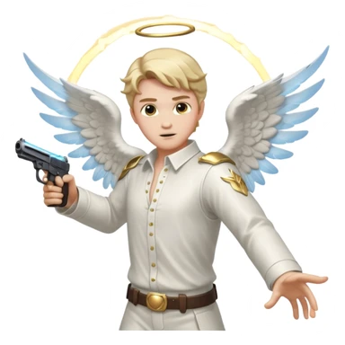male Angel dual-wielding pistols, shooting, dynamic action pose, glowing wings, no background














 sticker