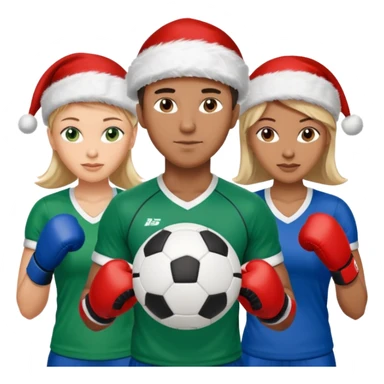 3 atletas, um homem no meio e duas mulheres com cores de pele diferentes, usando elementos esportivos, bola de futebol, luvas de luta e bola de vôlei. Coloque um chapéu de papai noel das cores verde e com roupas azul e branco sticker