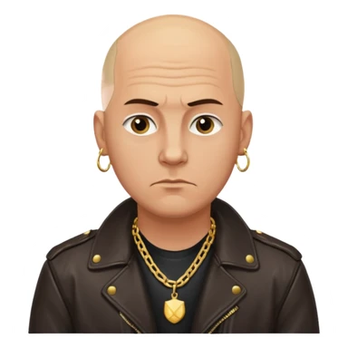 Bald Russian 1990s gangster emoji, leather jacket, gold chain, serious face sticker