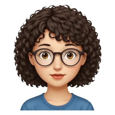 Koyu renk, dağınık kıvırcık saçlı, kısa kahküllü, yuvarlak gözlüklü ve büyük kahverengi gözlü bir genç kadının yüzünü gösteren emoji tarzı illüstrasyon. Hafif bir gülümseme veya tatlı bir sırıtış ifadesi var. Cilt tonu açık. sticker