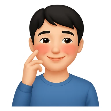 Make the handsome black-haired guy smile more, keeping his dreamy, flushed look and subtle romantic hints that his boyfriend is the cause of his low blood pressure. Preserve the transparent background. sticker