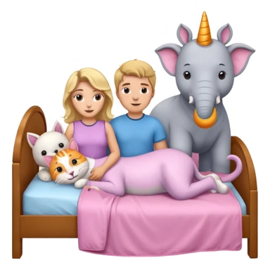 Brown wavy hair girl with blonde guy in a bed with an elephant, orang cat, polar bear, and pink unicorn  sticker