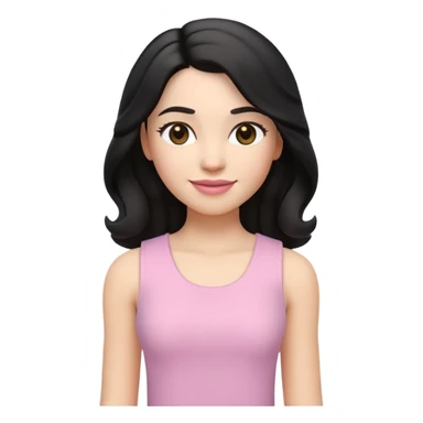 3D-style emoji or Memoji of a young woman. She has long, slightly curly black hair parted in the middle, large lazel eyes, arched eyebrows, and soft pink lips. She’s wearing a white, sleeveless top and is smiling gently. The overall style is clean, modern. sticker