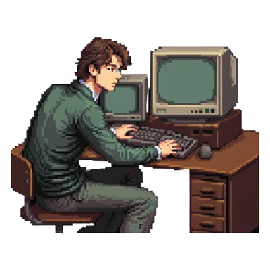 Young man sitting at desk with vintage desktop computer with large CRT monitor sticker