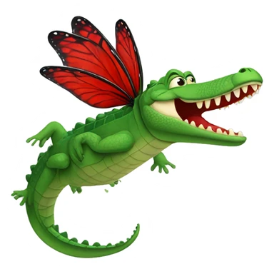An animal similar to a green crocodile but with red butterfly flies sticker