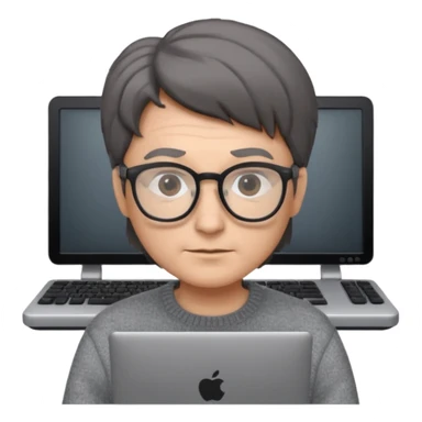 Profesor de pelo gris marrón oscuro con gafas un  jersey gris y un ordenador los óleos son marrones con poca cantidad de pelo sticker