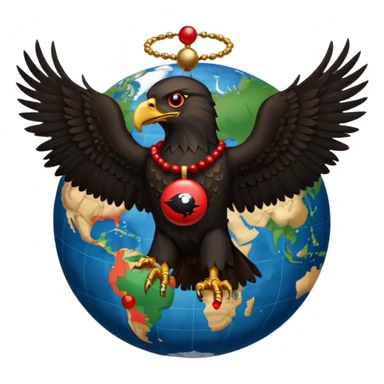 Fully black eagle with red mala bead necklace, the eagle's head facing the left with a single eye visible, wings spread full length, standing over an earth emoji with the African continent centered on the earth emoji. Replace the eye of the eagle with a Japanese Yen currency symbol. sticker