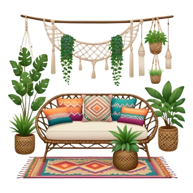 cozy bohemian living room with macrame wall hanging, plants, rattan furniture, and colorful cushions sticker