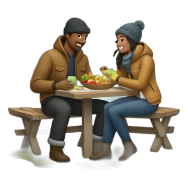 a couple having picnic in winter clothes sticker