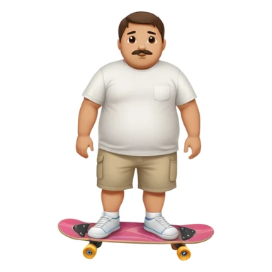 Full body chubby Mexican man with a skateboard in shorts and a white tshirt sticker
