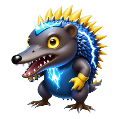a fantastical dangerous and spooky electric platypus merged with a hedgehog with sharp teeth, metal electric spikes, and strong fangs, electricity and lightning coming, menacing look, yellow and blue lightning bolts sticker