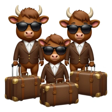 generate an emoji of a group of up to 8 male and female bulls travelling together on holidays. Include sunglasses and suitcases sticker