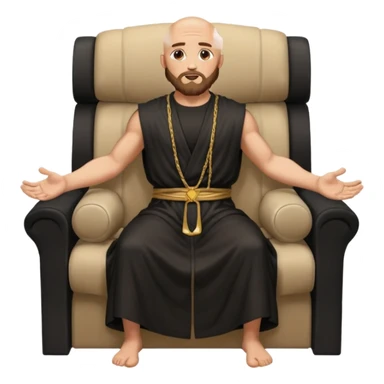 fullbody bald jesus christ jacked, sleeveless and unbuttoned in black robe sitting with elbows on armrests sticker