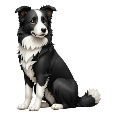 cinematic-[border collie dog]-realistic-full-body-sitting-emoji,-tail-resting-loosely-beside-its-paws,-head-tilted-dramatically,-scruffy-[black and white]-fur,-simplified-yet-realistic-focused-features,-highly-detailed,-glowing-with-an-almost-sarcastic-glow sticker