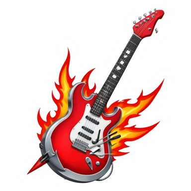 Create a bold and powerful emoji representing rock vocal performance in a humanless collage. The design should feature a vintage microphone at the center, surrounded by a heavy, aggressive hardcore electric guitar with sharp, jagged edges. Include crossed drumsticks behind the guitar, symbolizing the intense rhythm of rock music. Add fiery elements like flames or lightning bolts to enhance the raw energy of the design. Use dark, bold colors like black, red, and silver, with metallic or chrome accents to reflect the rebellious, hard-hitting nature of rock. The background should be transparent. sticker