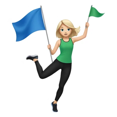 emoji style colorguard girl spinning a green and blue flag, dressed in black leggings and a green and blue top, dynamic movement sticker