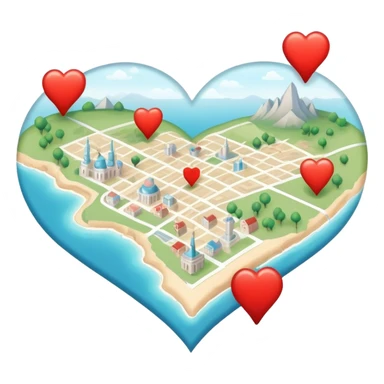 Detailed cartography map with soft ethereal coloring, containing red heart pins marking romantic locations and different symbols for other life experiences sticker