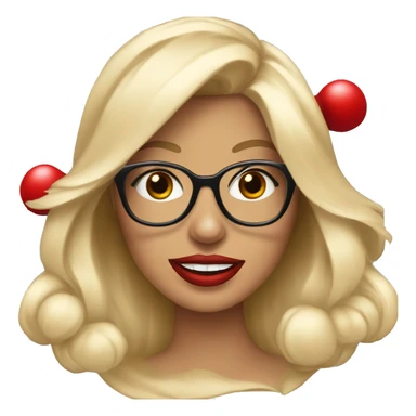 Beautiful blonde woman, blue eyes wearing santa hat and glasses and red lips holding Yorkshire terrier  sticker