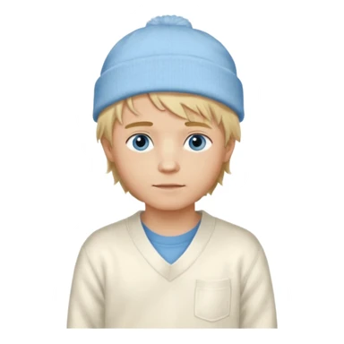 Create a look for a blond boy with long, tousled hair, light eyes, a white sweater, a wealthy appearance, blue eyes, and accessories like a Rolex or Cartier watch, and a cute face with messy hair down. blue eyes + + pajama white fluffy + cap fluffy sticker