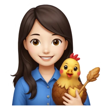 korean girl with long dark brown hair holding a chicken drumstick, emoji style sticker