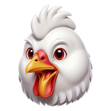 Cinematic Comical White Chicken Portrait Emoji, Head tilted dramatically with an exaggeratedly shocked or amused expression, featuring a sleek, immaculate white plumage with a prominent red comb, wide, expressive beady eyes filled with playful disbelief, Simplified yet hilariously expressive features, highly detailed, glowing with a slightly sassy glow, high shine, dramatic yet playful, stylized with an air of cheeky mischief, bright and endearing, soft glowing outline, capturing the essence of a spirited and over-the-top chicken, so meme-worthy it feels like it could cluck its way into internet fame instantly! sticker