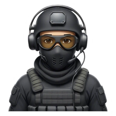 Futuristic special forces soldier wearing a white full-face balaclava, black wraparound sunglasses (only one pair of glasses), and a high-tech military headset with a microphone. Dressed in a dark tactical uniform with modern combat gear. sticker