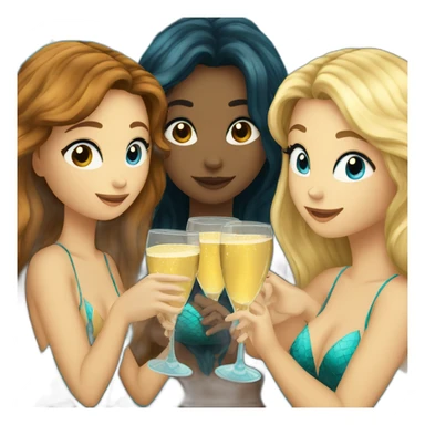 Three beautiful mermaids (two brown hair with brown eyes and blond one with blue eyes) drinking champagne sticker