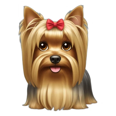 Yorkshire terrier with long beautiful hair and a gathered tail on the face decorated with a bow sticker