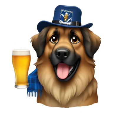 Leonberger dog holding a beer with a Scotland hat sticker