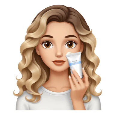 beautiful brunette with a slightly blonde balayage white girl with nice curls/defined waves, very long hair, clean girl makeup APPLYING A FACE CREAM ON HER FACE sticker
