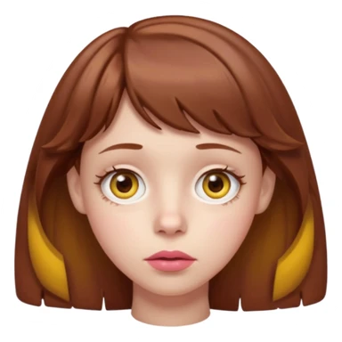 FAÇA UMA PERSONAGEM FOFA COM NARIZ DE BOLINHA AVERMELHADO CLARO E ZUMBI CABELO MARRON ONDULADO E FRANJA CURTA   COMO SE NÃO SOUBESSE OQ FEZ LÁBIOS CLAROS FECHADOS E OLHOS AMARELOS sticker