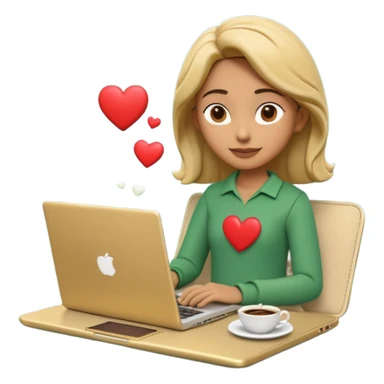 3D clay character relaxed with laptop and coffee, floating icons (envelope, heart, dollar), deep green (#0B3D2C) outfit, gold icons, cream laptop, Pixar style, transparent background sticker