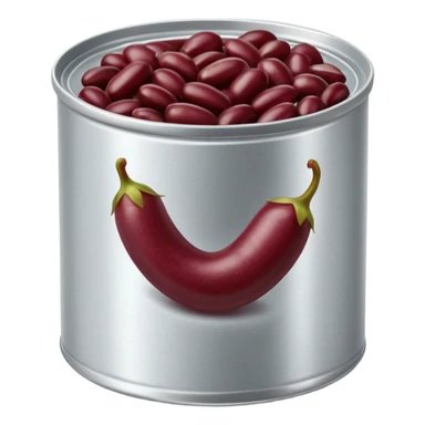 open metal can filled with glossy dark red kidney beans in thick slightly starchy liquid, beans plump smooth gently mounded in plain partially opened tin can, no label or extras, apple emoji style, soft lighting, subtle shadows, transparent background, emoji scale sticker