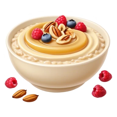 Cinematic creamy oatmeal, smooth texture with a swirl of honey on top, garnished with fresh berries and nuts, warm and comforting, cozy golden tones, rich and delicious. sticker