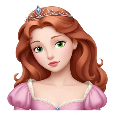 Cinematic Elegant Sleeping Beauty Portrait Emoji, rendered in a realistic, vector-style with minimal shading and bold, simplified shapes. Depict Aurora (Sleeping Beauty) (chest and above) with delicate porcelain skin, soft auburn hair styled gracefully, and gentle, dreamy eyes, dressed in her classic pink gown. The image glows with a soft, enchanting radiance and high shine, capturing timeless regal beauty. sticker