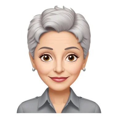 Older Puerto Rican actress Marian Pabón with elongated face, light pinkish skin, almond-shaped expressive eyes, straight nose, well-defined lips with wide smile, arched eyebrows, pronounced cheekbones, short spiky gray hair like a man's cut, more wrinkles, wearing a white buttoned shirt sticker