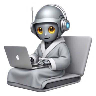 Emoji of a remote-working robot in a cozy smooth bathrobe with a laptop. The robot has a sleek helmet-like head with LED digital eyes. Relaxed yet high-tech vibe. sticker